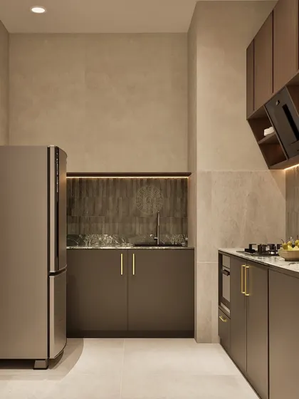 This is a render of the office pantry, designed to be compact and efficient. It features sleek, handleless cabinetry in a muted tone, a stainless steel refrigerator, and a dark tiled backsplash with under-cabinet lighting for a modern look.