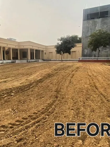 The "Before" shot, showing the empty, uneven ground that we completely revitalized with our landscaping and turf installation services.