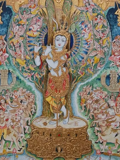 A full view of our best-selling Krishna painting, showcasing the intricate details from the cows at his feet to the celestial beings in the heavens.