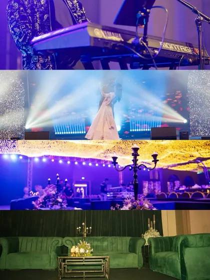 A collage showcasing the key elements of a larger-than-life Sangeet. It features the live band on a professionally lit stage, the couple's first dance, and the luxurious green velvet lounge seating for guests.