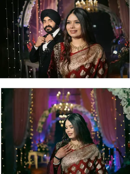 A collage of the couple on their reception night, capturing both a posed portrait and a candid moment of the bride. The beautiful lighting and decor of the venue are highlighted.