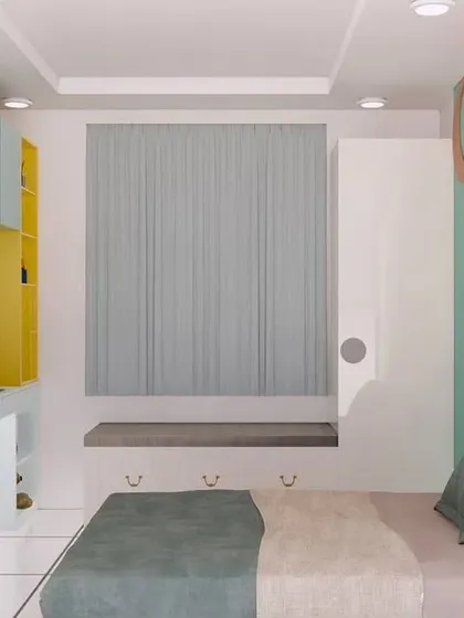 A complete kids' bedroom design. This view shows the study and storage unit in cheerful yellow and blue, with a seating nook by the window, creating a multi-functional and fun space.