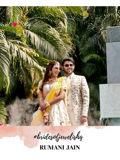 A portrait of the happy couple. The bride's pastel floral choker and the groom's pearl necklace are beautifully coordinated.