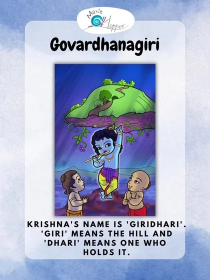 This graphic explains the name 'Govardhanagiri', linking to the famous story of Krishna lifting a mountain. Our themed content helps kids learn about Indian culture and folklore.
