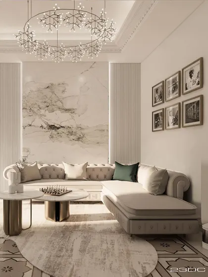 This living room combines neoclassical elegance with modern comfort. A tufted chaise lounge, marble coffee tables, and a contemporary chandelier create a sophisticated space for relaxation and quiet conversation.