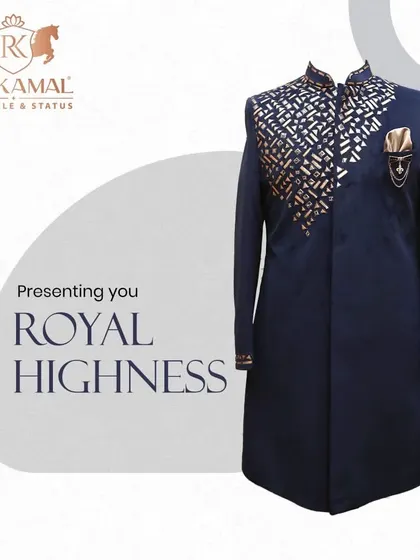 A graphic presenting this royal navy blue Indo-Western piece, highlighting its sharp cut and asymmetrical gold embellishment.