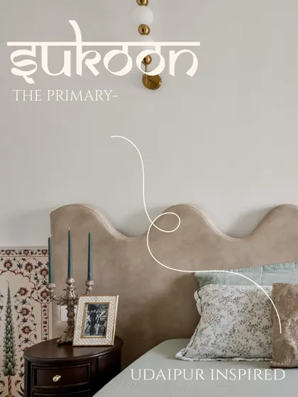 I call this the Room of 'Sukoon' (peace). Inspired by the serene palaces of Udaipur, this primary bedroom is a sanctuary. We used soft textures, a calming color palette, and gentle curves in the headboard to create a perfect escape for rest and rejuvenation.