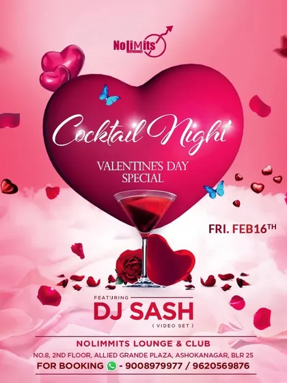 A poster for a Valentine's Day special Cocktail Night, combining romance with great music.