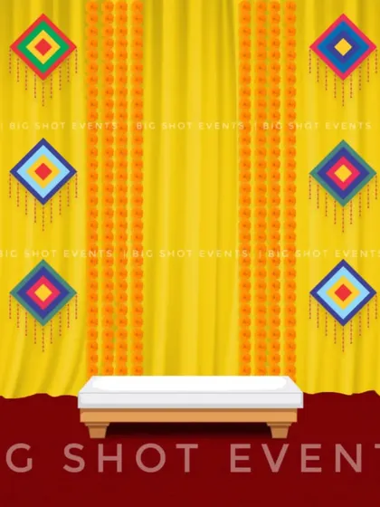 A digital mockup for a vibrant Haldi backdrop. This design uses yellow drapes, marigold garlands, and colorful hanging kite-like elements for a festive and playful look.