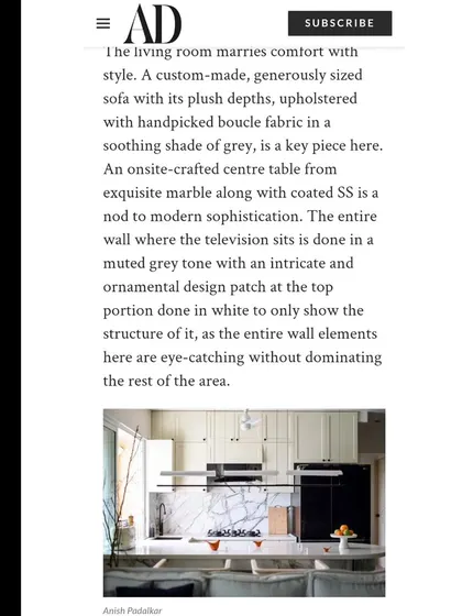 We were thrilled to have our 'YBJ Residence' project published in Architectural Digest. This snippet discusses the custom-made sofa and the exquisite marble center table.