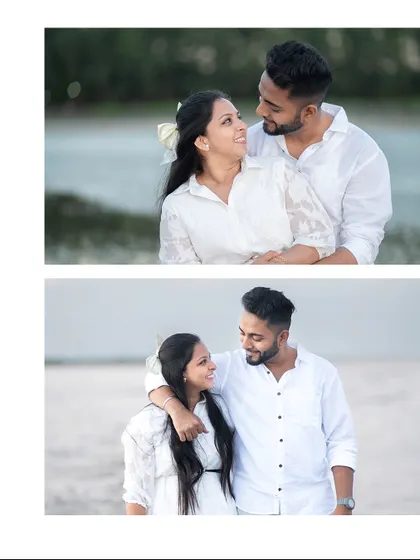 A two-photo collage from a pre-wedding shoot, capturing a couple's loving gazes and gentle smiles in a simple, beautiful beach setting.