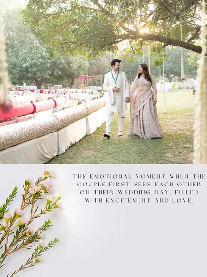 The first look on their wedding day. This image captures the couple seeing each other from a distance in a beautiful garden setting, full of anticipation.