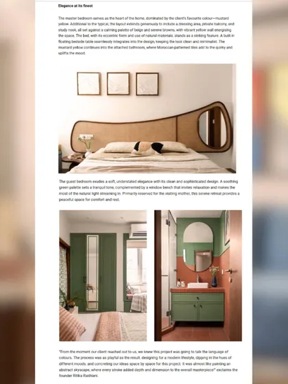 This spread from the magazine highlights the design of the bedrooms and bathrooms in the "House for One" project, focusing on the use of color and natural materials.