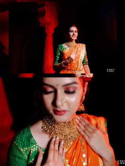 A closer look at the bride's elegance. These portraits focus on the details of her traditional look, from the fine gold jewelry to her expressive eyes, creating timeless images.