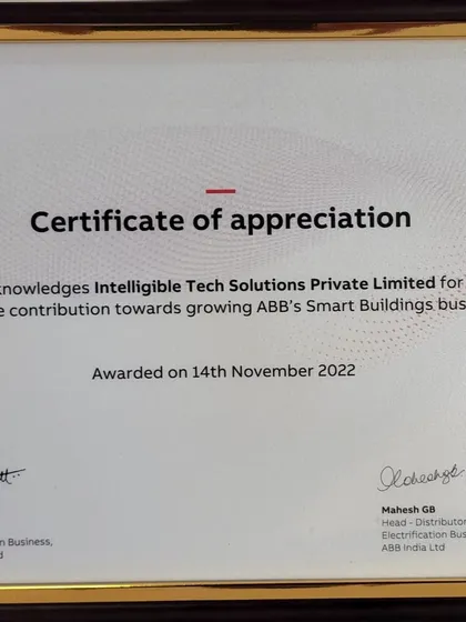 We are humbled to receive this Certificate of Appreciation from ABB for our contribution to growing their Smart Buildings business. This recognition motivates us and validates the trust our partners place in us.