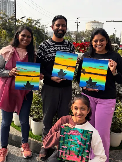 Another group proudly displaying their sunset and forest paintings. A perfect end to a creative Sunday.