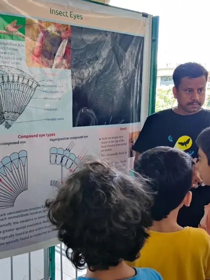 An expert explains the complex structure of insect eyes using a scientific poster. These interactions with professionals deepen the children's understanding.