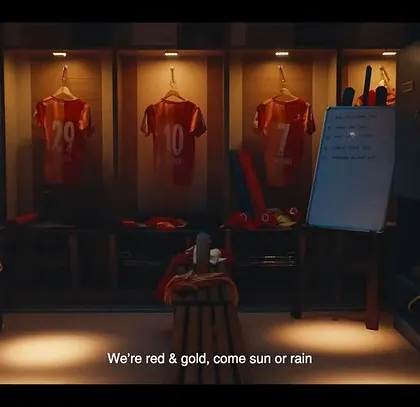 The locker room scene from the East Bengal FC commercial. The hanging jerseys create a sense of anticipation and team spirit before the big game.