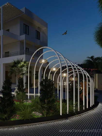 This landscape design features an arched trellis walkway that creates a beautiful path through the garden. At night, integrated lights turn the structure into a sculpture. I agree with Luis Barragan that architecture, landscape, and gardening are one and the same.