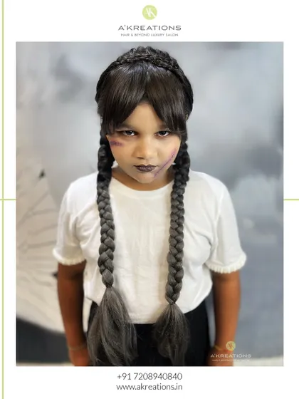 A full view of the Wednesday Addams look. We use kid-friendly products to create fun and safe Halloween transformations.