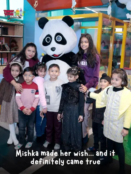 The whole party crew gathers for a memorable photo with our star panda. Mascot appearances are a fantastic way to elevate any birthday theme and excite all the guests.