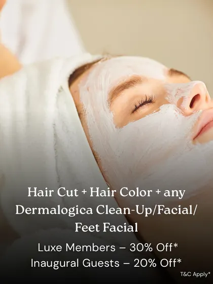 An exclusive offer for my salon at The Hive, Kandivali. This package combines a haircut, hair color, and a choice of Dermalogica facial or feet facial.