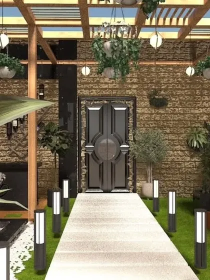 A perspective view of the Bulandshahr project design. This render shows the pathway leading through the garden to a dramatic doorway, with a pergola and seating area to the side.