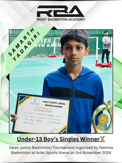 Congratulations to Samarth Yadagiri for winning the Under-13 Boy's Singles title at the Open Junior Badminton Tournament organized by Namma Badminton.