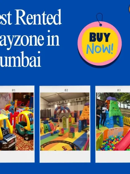 Best rented playzone in Mumbai. This graphic showcases three different setups, including close-ups of ride-on toys, a large indoor play area, and an outdoor climbing wall with a slide and ball pit.