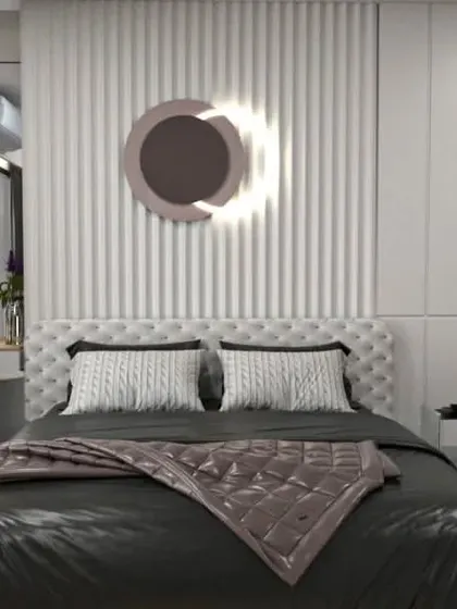 A 3D render of a chic bedroom with a tufted headboard and a glass wardrobe, creating a glamorous feel.