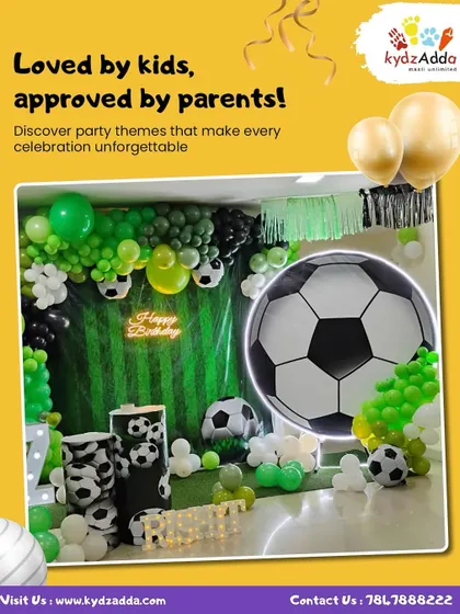 From soccer fields to superhero lairs, I create party themes that are loved by kids and approved by parents. This football-themed setup was a huge hit, complete with a giant soccer ball and goal-worthy decorations.