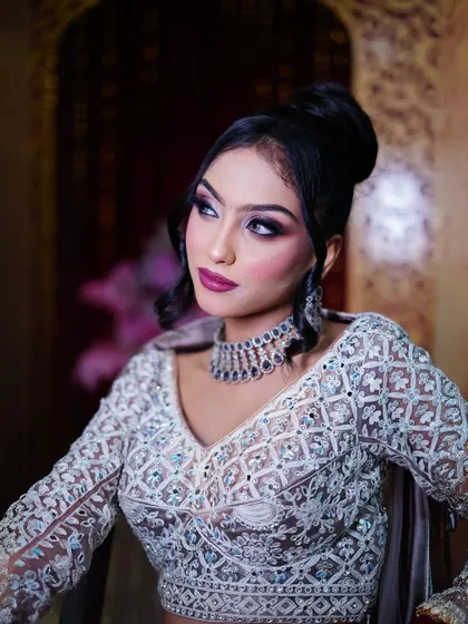 Another close-up of the pastel lavender lehenga, showing the intricate embroidery on the blouse.