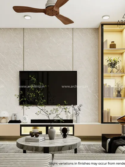 A close-up of the TV unit, featuring a marble-finish wall panel and a sleek, low-profile console with integrated backlighting for a modern and luxurious feel.