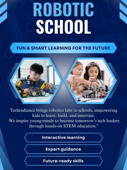 A poster for our "Robotic School" program, which brings interactive learning, expert guidance, and future-ready skills to students.