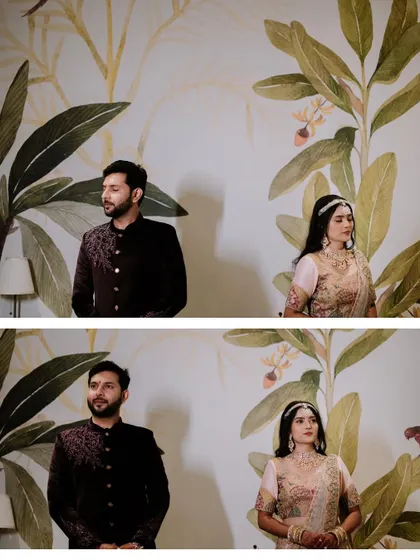 A collage of the couple posing against a stylish, botanical-themed wall.
