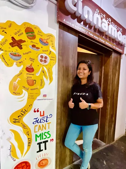 This food-themed mural for Cinnamon restaurant creatively maps out their signature dishes. It's a fun and illustrative way to showcase their Awadhi and Kashmiri menu.