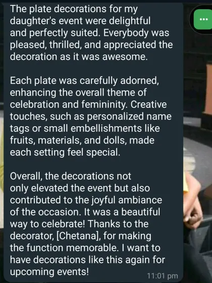 A screenshot of a detailed and heartwarming message from a client. Reading that the decorations elevated the event and contributed to the joyful ambiance means so much.