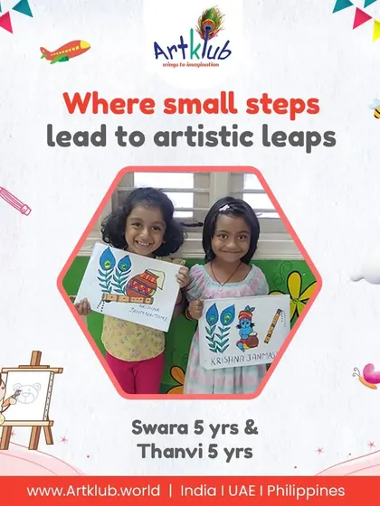 Five-year-olds Swara and Thanvi celebrate Janmashtami with their beautiful drawings of Krishna's flute and a pot of butter.
