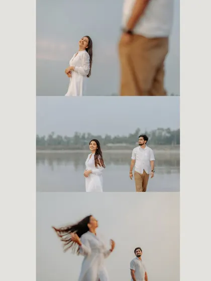 A creative pre-wedding collage focusing on the bride's joyful expressions. These shots capture her carefree spirit and the beauty of their natural surroundings.