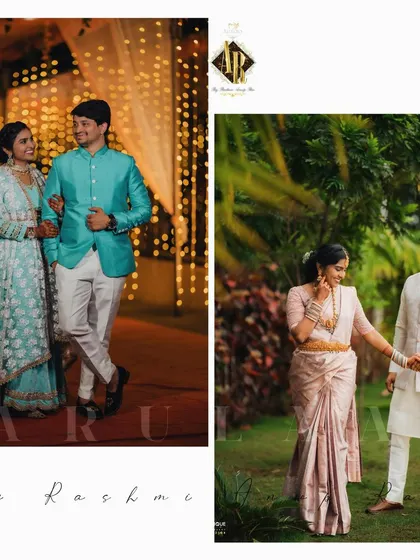 Coordinated looks for a family for two different functions. On the left, a vibrant teal Jodhpuri jacket for the groom, and on the right, a subtle off-white Nehru jacket for a different event.