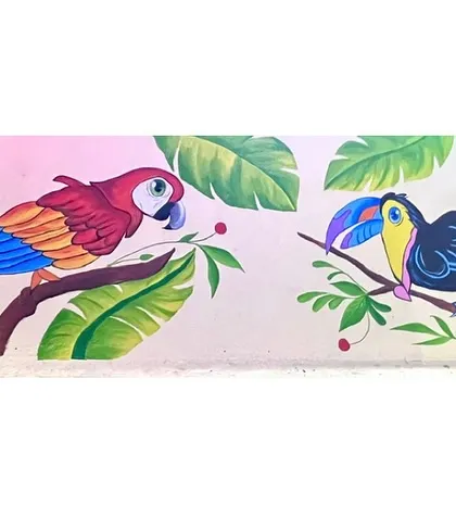 I also paint large-scale wall murals to bring a room to life. This colorful piece features a macaw and a toucan, painted with durable acrylics to create a lasting and joyful atmosphere.