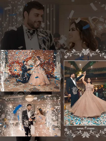 A celebratory collage from an engagement, capturing the proposal, the first dance, and the shower of confetti.
