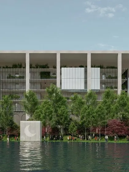 Our design for the Telangana High Court uses water as a key landscape element. The building's reflection in the water, along with the symbolic art installations, creates a contemplative atmosphere that connects the structure to its natural lakeside setting.