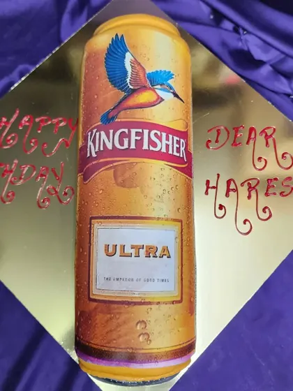 The perfect cake for a fan of the good times. This custom cake is designed to look exactly like a Kingfisher Ultra beer can, making it a fun and surprising centerpiece for a birthday party.