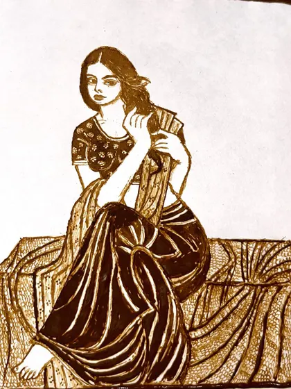 A full-figure drawing of a woman, created entirely with henna on paper. This demonstrates the artistic possibilities of the medium beyond just hands and feet.