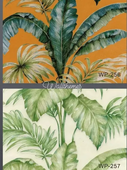 Catalog images of two tropical leaf wallpaper designs, one on orange and one on a light cream background.