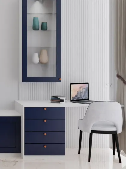 This shot shows the integrated study nook next to the TV unit. The design provides a dedicated workspace without cluttering the serene feel of the bedroom.