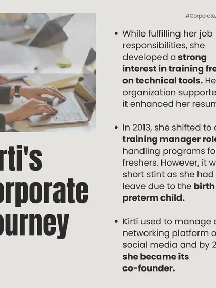My corporate journey included training freshers, which sparked my love for teaching. This experience, combined with my personal health transformation, laid the groundwork for my corporate wellness programs.