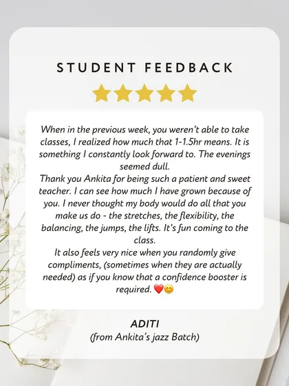 "Thank you Ankita for being such a patient and sweet teacher." We love hearing feedback from our students. It's a joy to know our classes become something they look forward to every week.