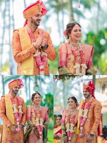 Candid moments from a Maharashtrian wedding ceremony, capturing the couple's smiles and laughter as they participate in the rituals.